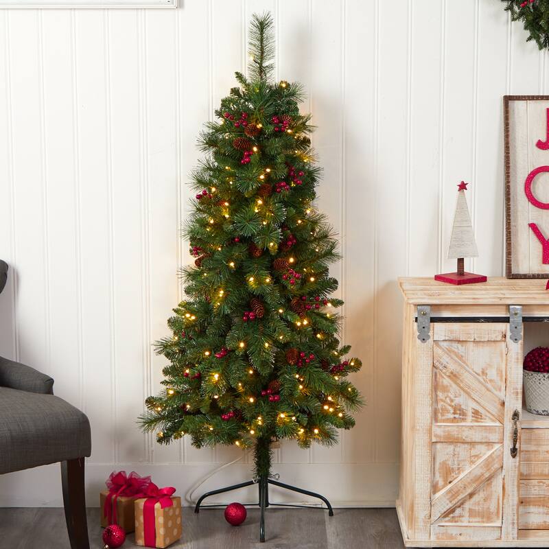 5ft. Flat Back Pine Artificial Christmas Tree with Pinecones, Berries & 110 Warm White Lights - Space-Saving Holiday X-Mas Tree