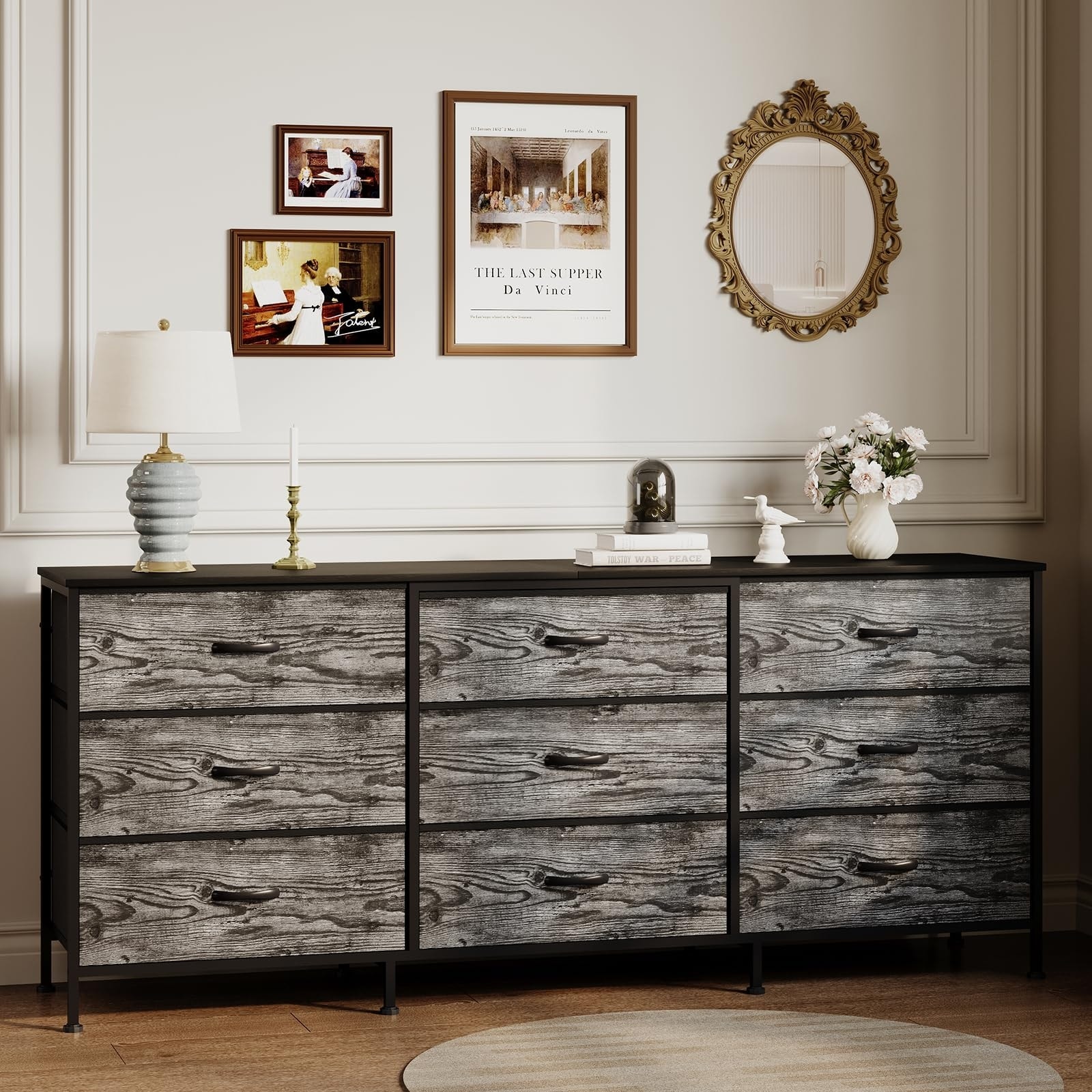 63" TV Stand Dresser with 9 Fabric Drawers for TVs up to 70", Entertainment Center with Storage Organizer