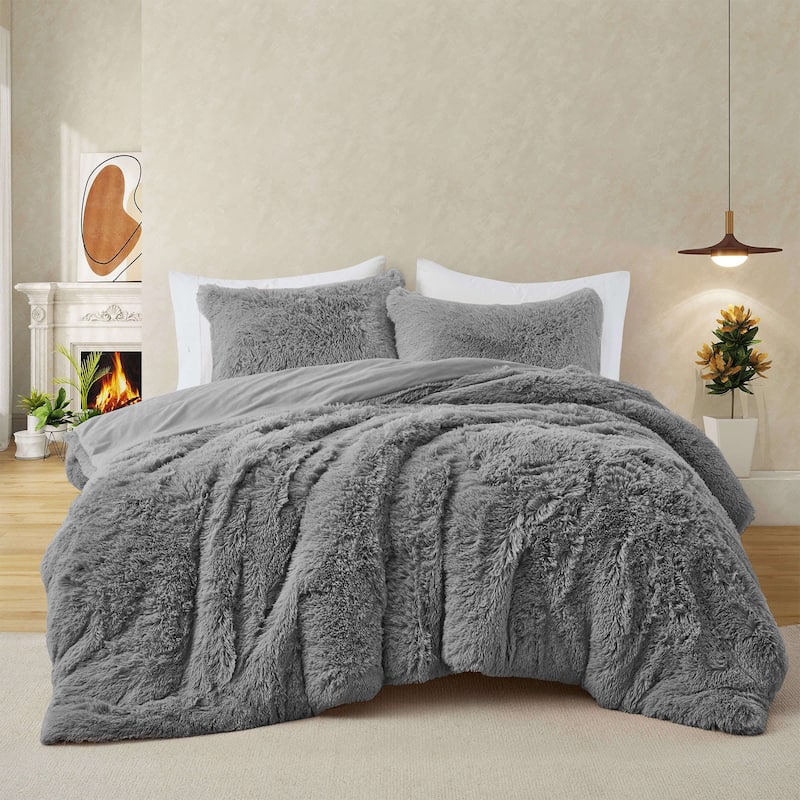 Fluffy Shaggy Reversible Faux Fur Comforter Set, Fuzzy Plush Bedding Set - Gray - Queen