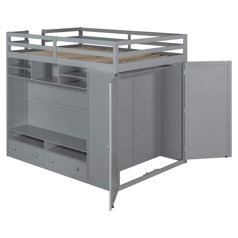 Full Size Loft Bed with Drawers, Shelves, and LED Light - Gray