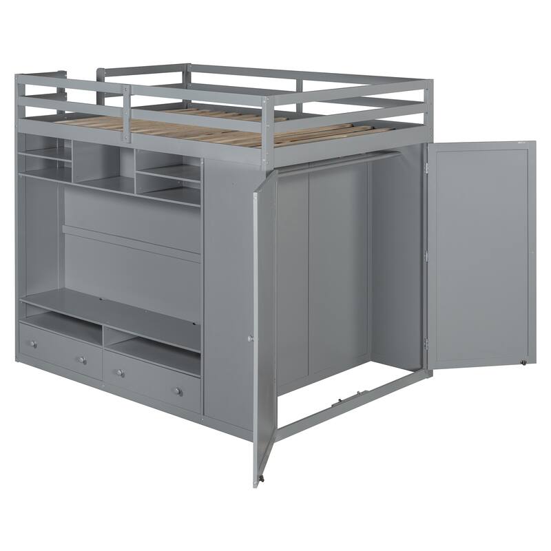 Full Size Loft Bed with Storage Drawers, Built-in Wardrobe, LED Lighting, and Shelving by Harper&Bright Designs
