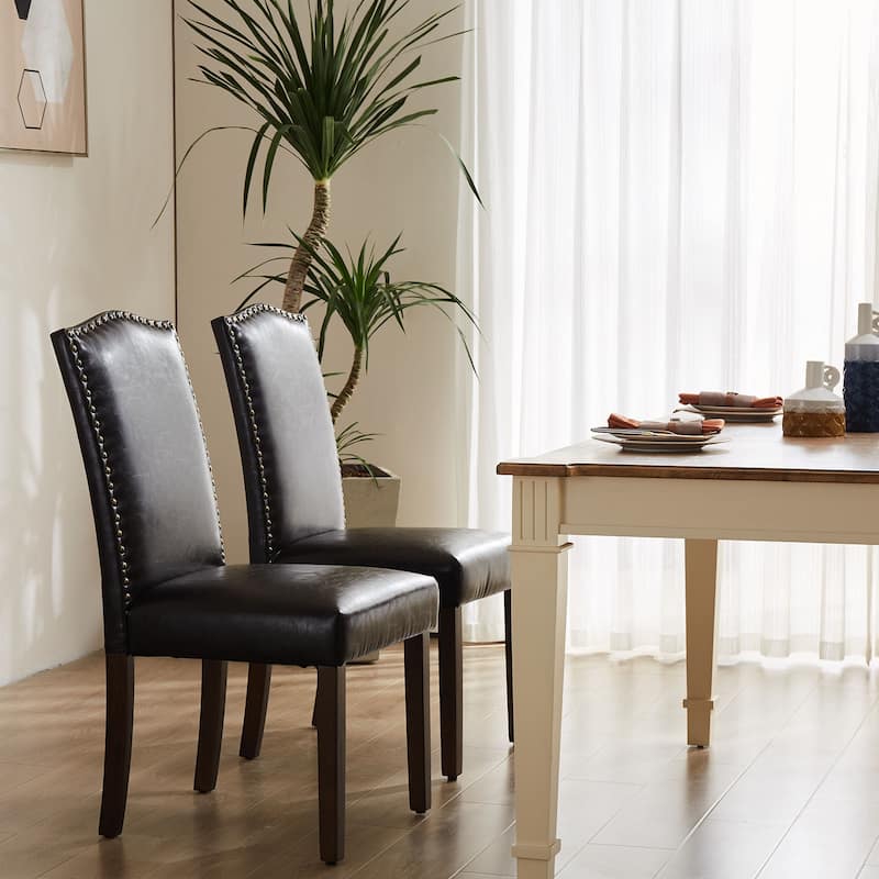 Dark Brown Leather Upholstered Dining Chair Set of 2 w/Nailhead Trim and Wood Legs for Dining Room