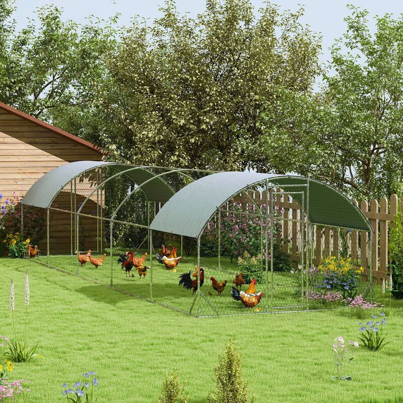 PawHut Large Chicken Coop Metal Chicken Run with Waterproof and Anti-UV Cover, Dome Shaped Walk in Fence Cage Hen House