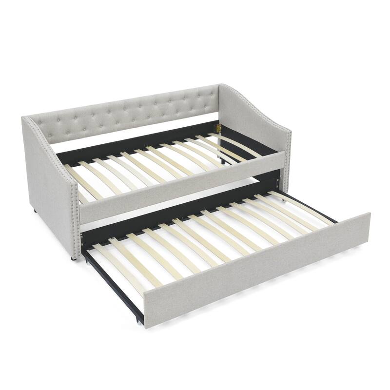 Modern Twin Size Daybed with Button Tufted Back, Wood Frame Upholstered Sofa Bed with Casters, Copper Nail Decorative Armrests