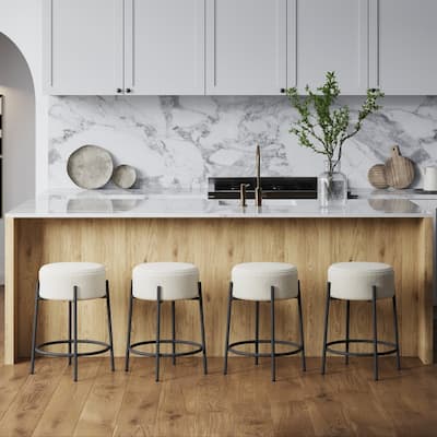 Isaac Modern Backless Metal Round Bar Stool with Boucle Padded Seat and Metal Base