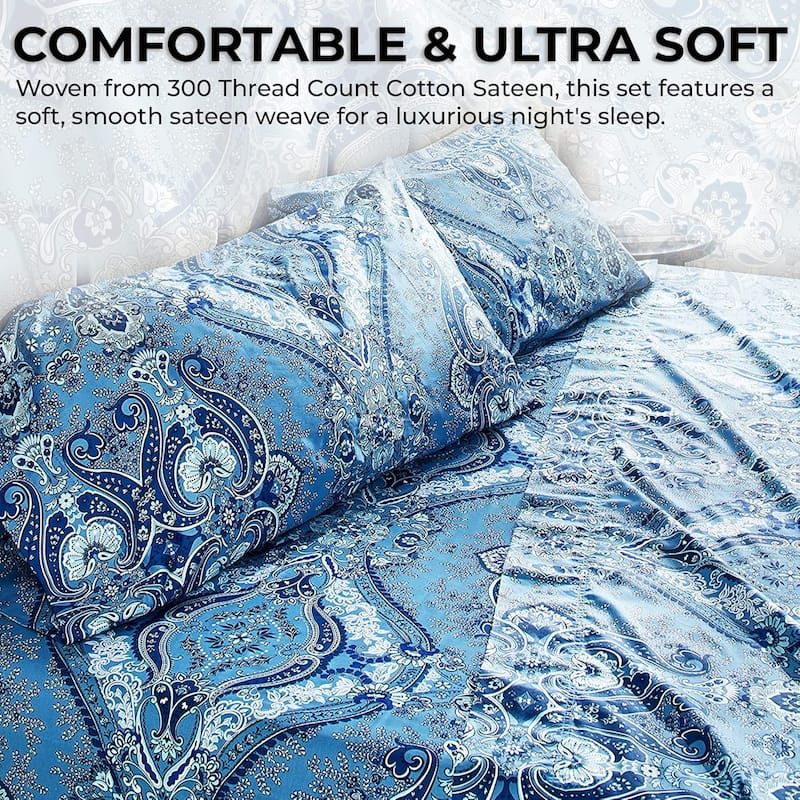 Atlantis Printed 300 TC Cotton Sateen Extra Deep Pocket Bed Sheet Set