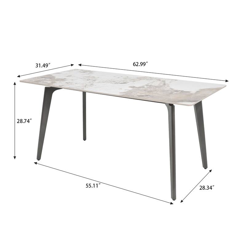 63" Dining Table for 6 with Sintered Stone Tabletop and Metal Legs