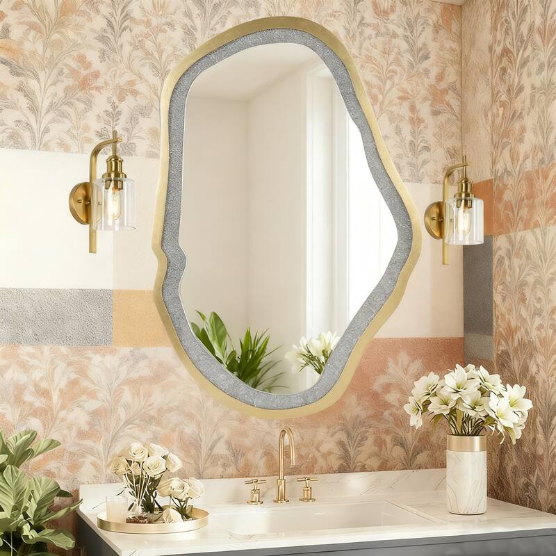 Mireve Modern Irregular Wall Mirror Asymmetrical Decorative Gold Bathroom Mirror - W32.5"xD0.8"xH47.2"