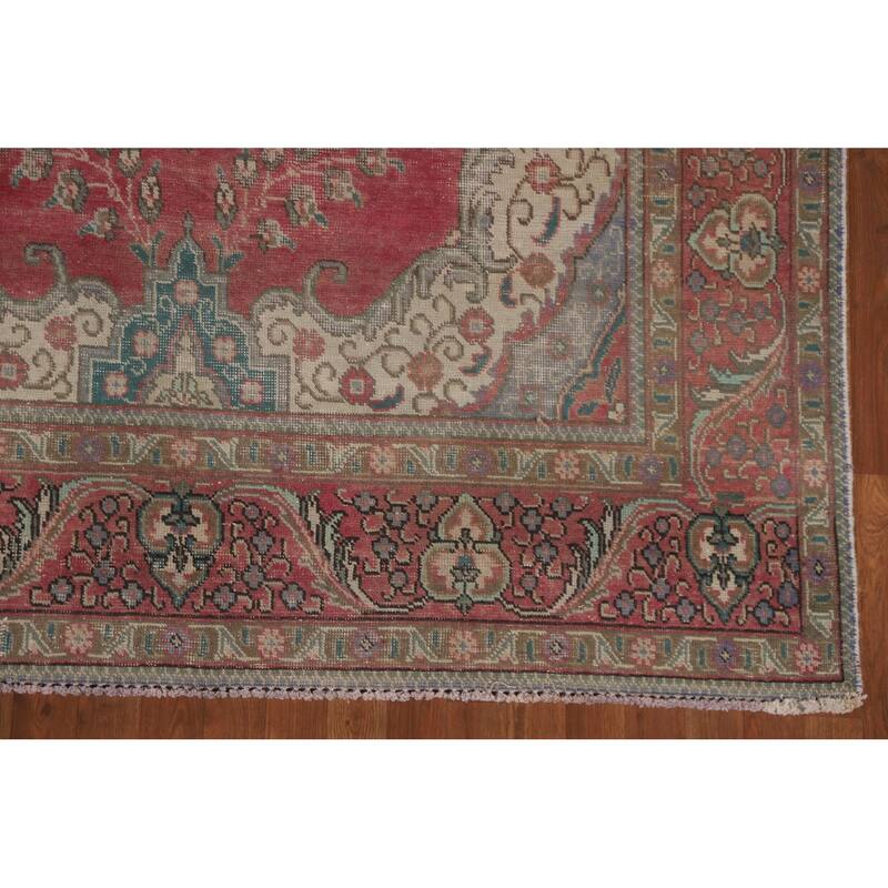 Hand Knotted Oriental 100% Wool Carpet Traditional Medallion Pink Tabriz Area Rug - 9' 6'' X 6' 3''