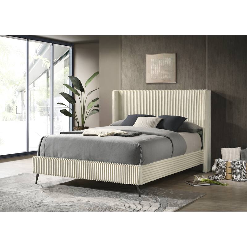 King Size Upholstered Panel Bed with Wide Wale Corduroy Fabric, Elegant Wingback Headboard, Modern Design - Queen Cream - Queen