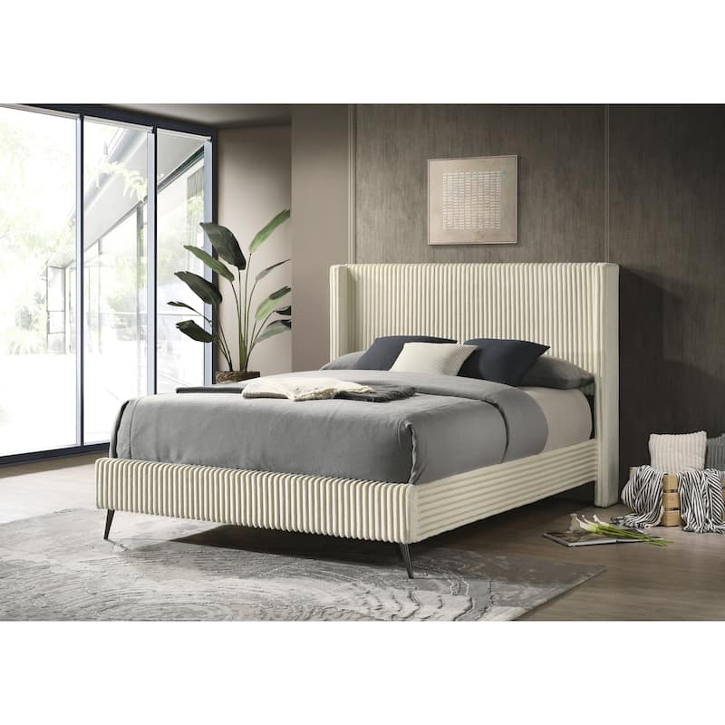 Mavela Wide Wale Corduroy Upholstery Panel Queen Bed, Cream