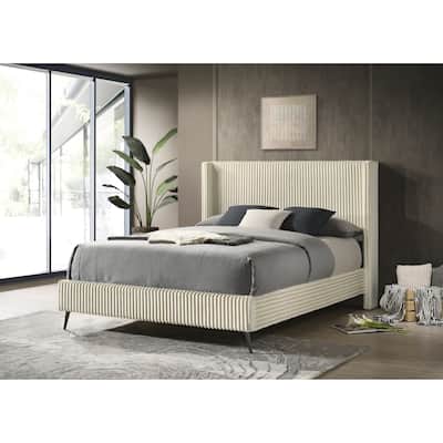 Queen Size Upholstered Panel Bed with Wingback Headboard and Wooden Slats