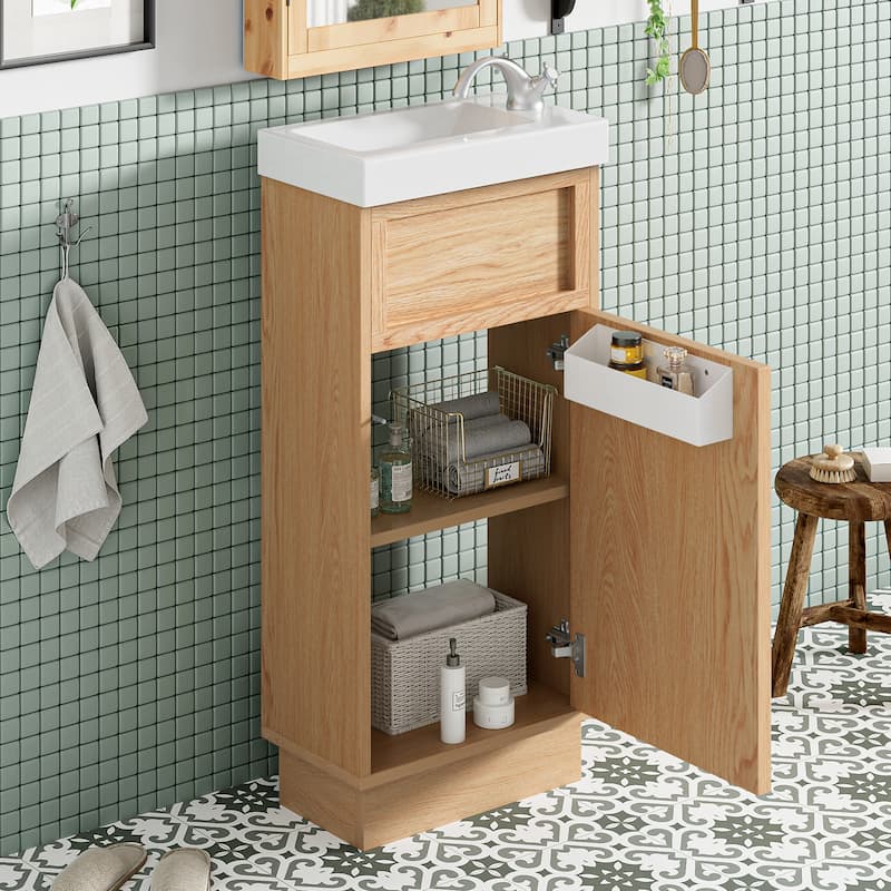 15.75" Rustic Style Wood Grain Bathroom Vanity with Resin Sink, Adjustable Shelf and Push-to-Open Cabinet Door for Small Spaces