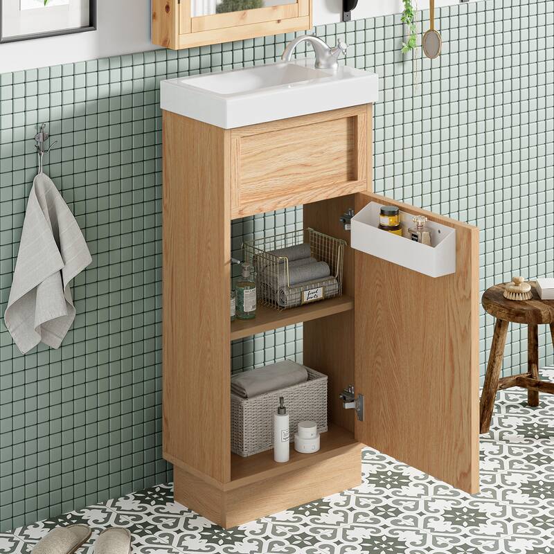 15.75 Inch Bathroom Vanity Reversible Resin Sink MDF Push to Open Rustic Small Spaces