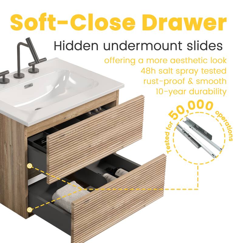 24" Wall-Mounted Bathroom Vanity with Integrated Ceramic Sink & Overflow, Large Storage Floating Vanity