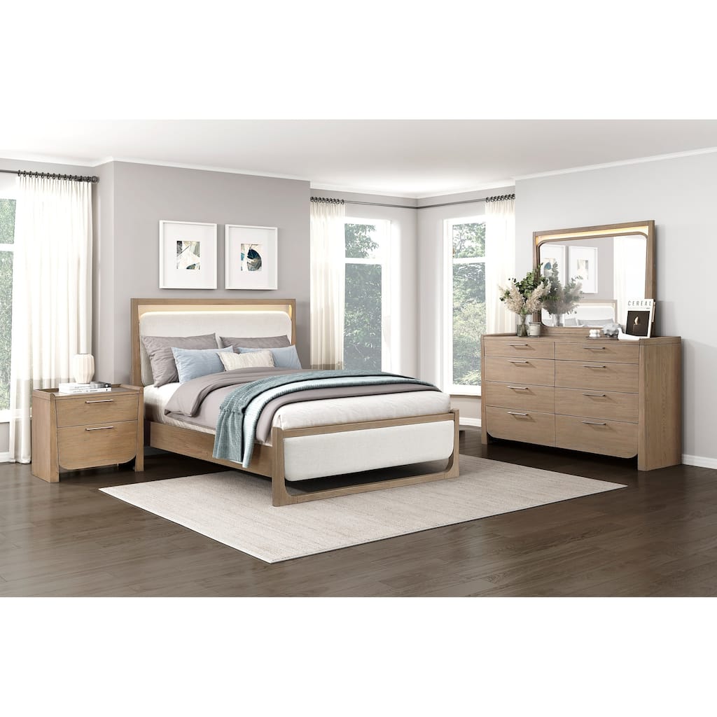 Contemporary Design Bedroom Set Light Brown Finish Upholstered Bed with LED