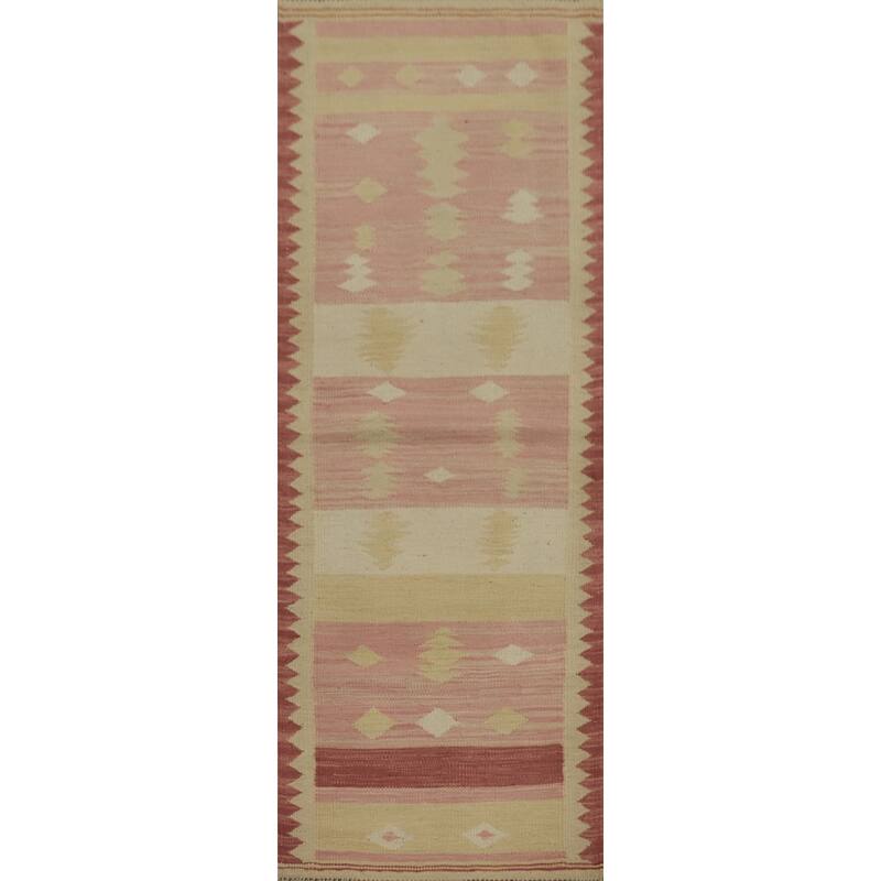 Hand Woven Oriental 100% Wool Carpet Southwestern Tribal Pink Kilim Runner Rug - 5' 11'' X 2' 0''