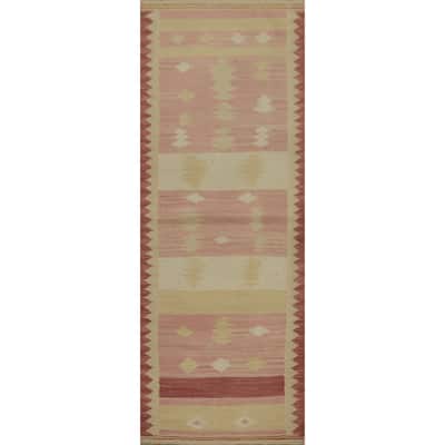 Hand Woven Oriental 100% Wool Carpet Southwestern Tribal Pink Kilim Runner Rug - 5' 11'' X 2' 0''
