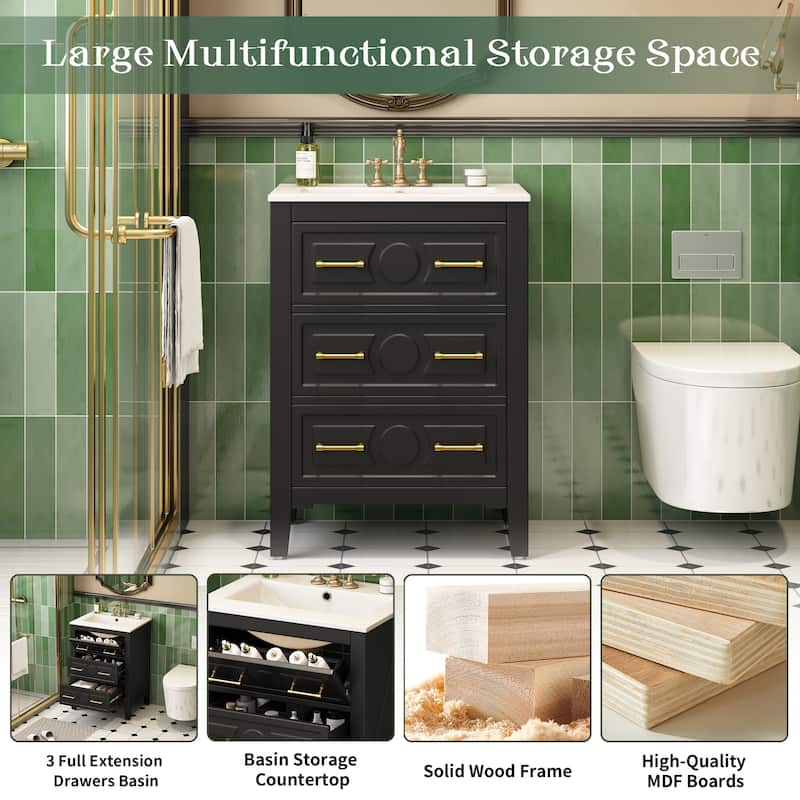 24-Inch Bathroom Vanity with Ceramic Sink, Solid Wood Frame Vanity Cabinet with 3 Drawers, Freestanding Storage
