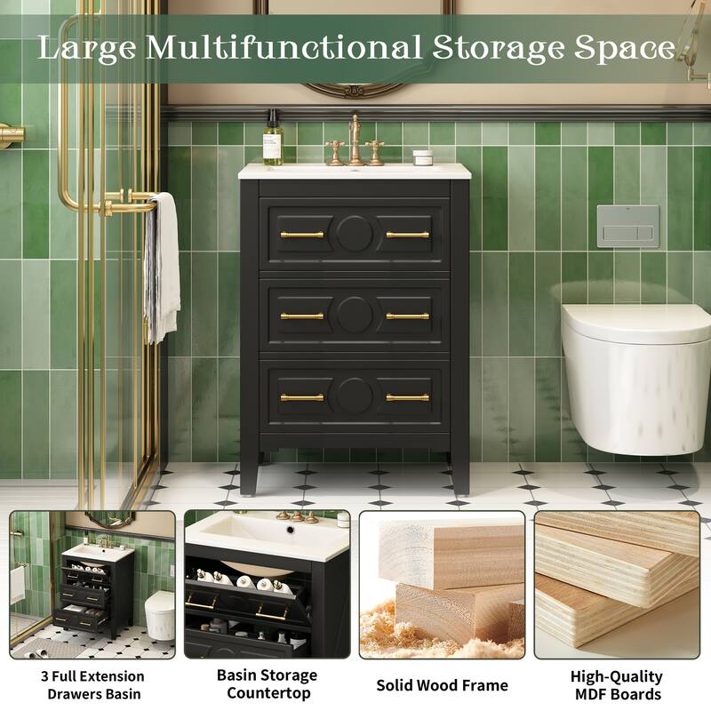Roomfitters 24 Inch Bathroom Vanity with Ceramic Sink Combo, Free Standing Solid Wood Frame Cabinet with 3 Sliding Tiers