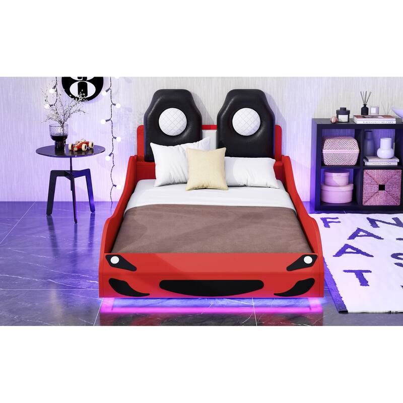 Wood Twin Size Race Car-Shaped Kids Platform Bed with LED and Upholstered Backrest, Bedroom Floor Bed Wood Frame for Kids Teens