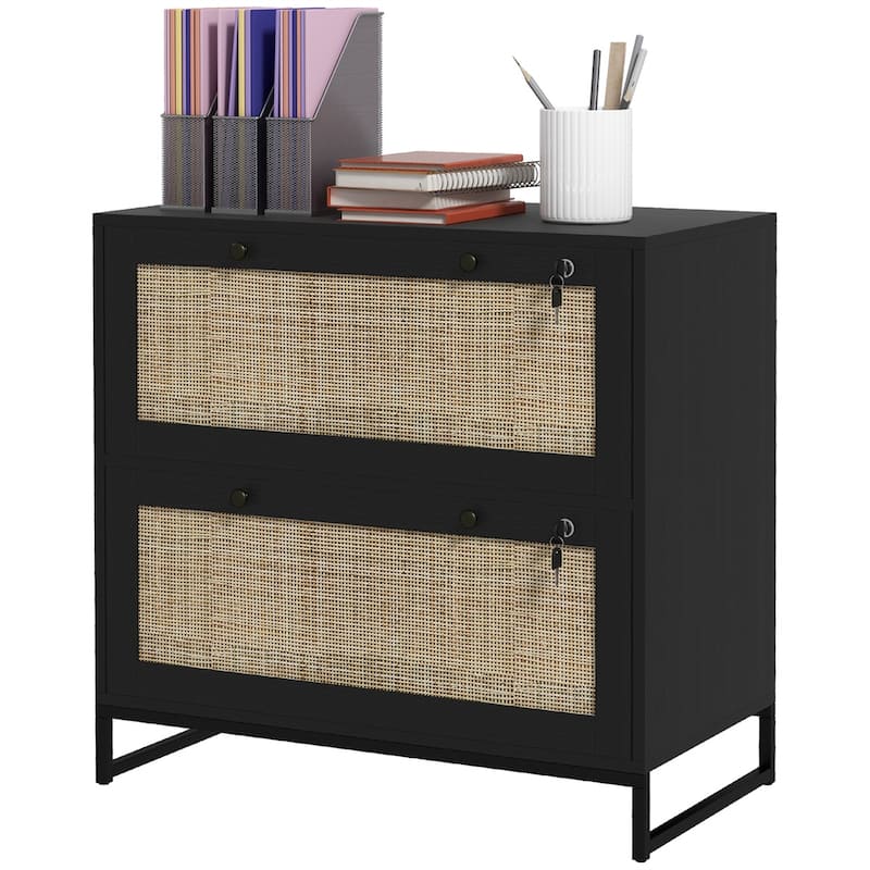 Modern Black Filing Cabinet with Lockable Drawers and Tabletop Storage and Adjustable File Bar