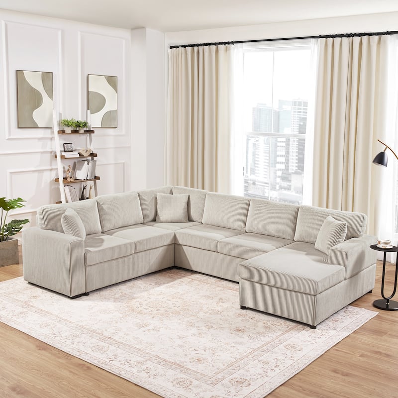 U-Shaped Oversized Corduroy Sectional Sofa with Chaise Lounge and Removable Cushions by Harper&Bright Designs - Light Gray