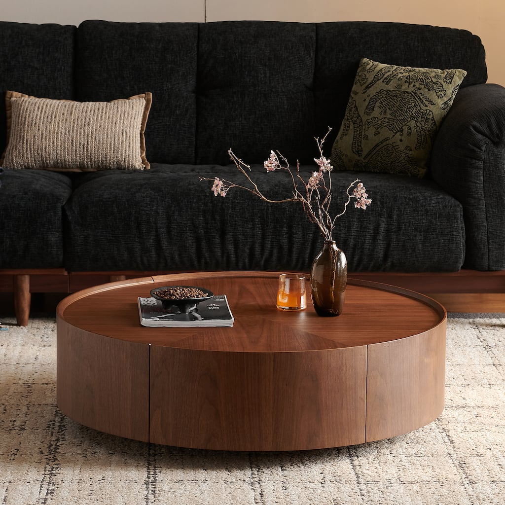 Circular Walnut Design Coffee Table with Drawers for