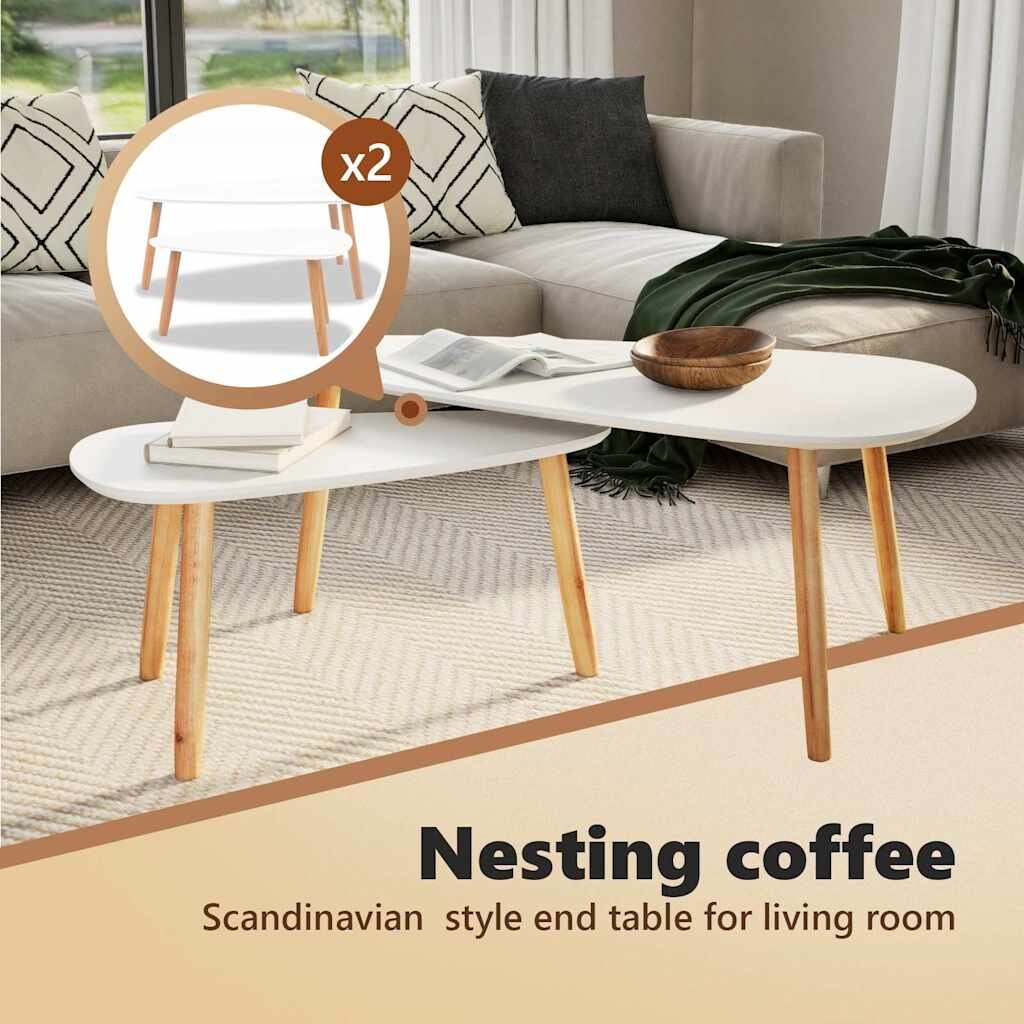 vidaXL Nesting Coffee Table, Solid Pine Wood Legs, White (2 Pieces