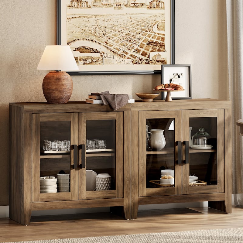WAMPAT Modern Farmhouse Modular Buffet Cabinet, Glass Door Sideboard with Adjustable Shelves - Brown - 63 inches in width