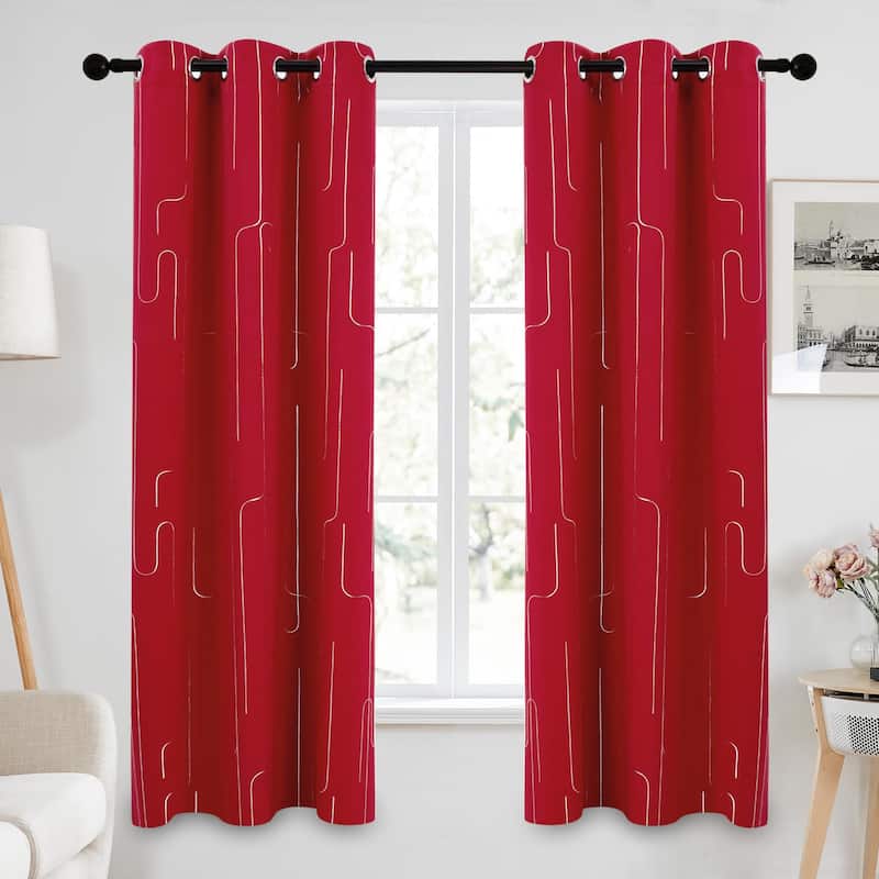 Grommet Curtains, Room Darkening Window Drapes with Lines Foil Print