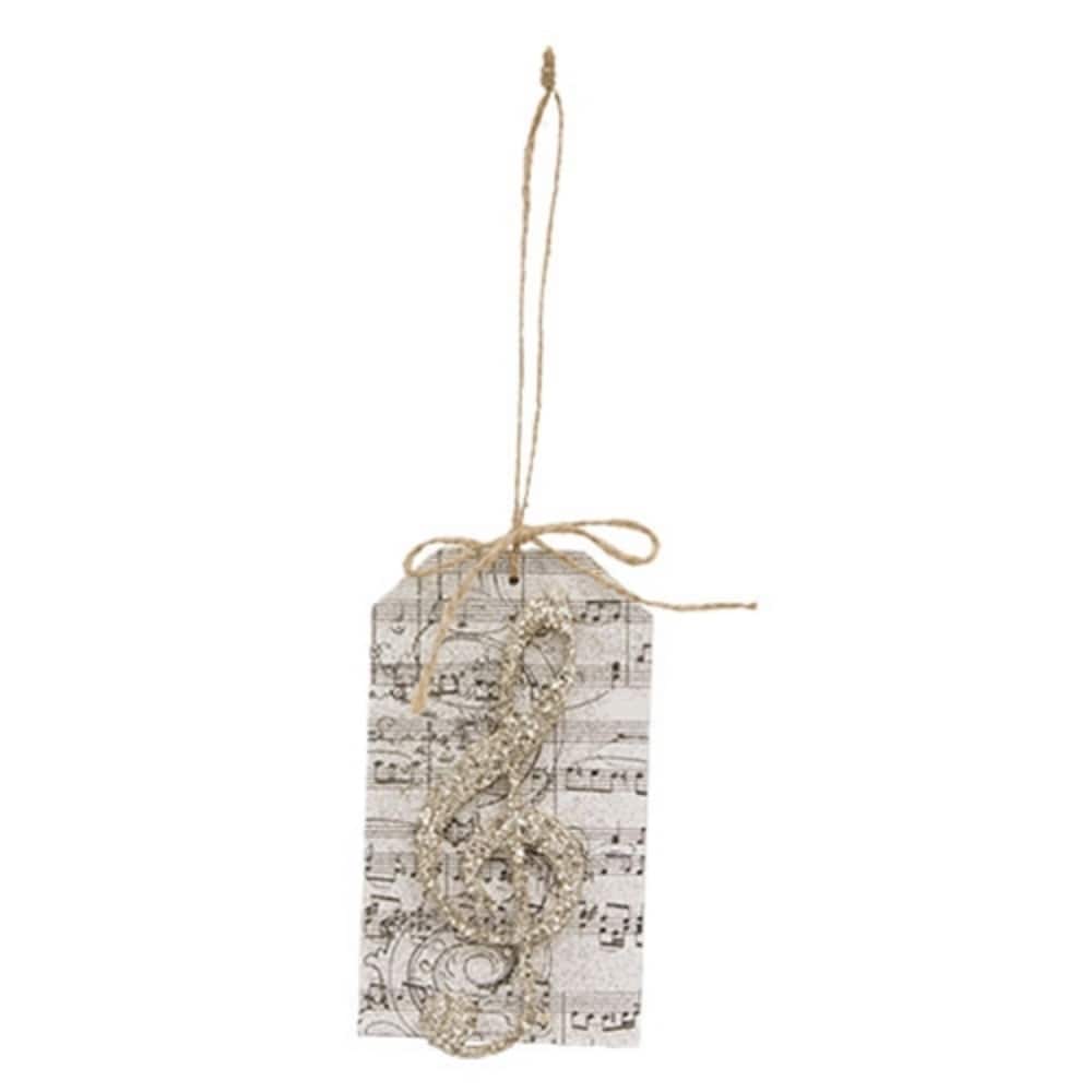 Black-White Glittered Treble Clef Ornament with Jute Hanger - 3 x 0.25 x 5.50 in.
