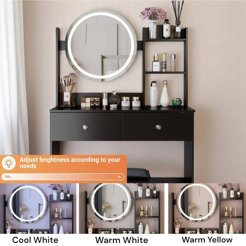 KISRAIS 31.5" Fashion Vanity Desk with Mirror and Lights, 3 Color Lighting Brightness Adjustable