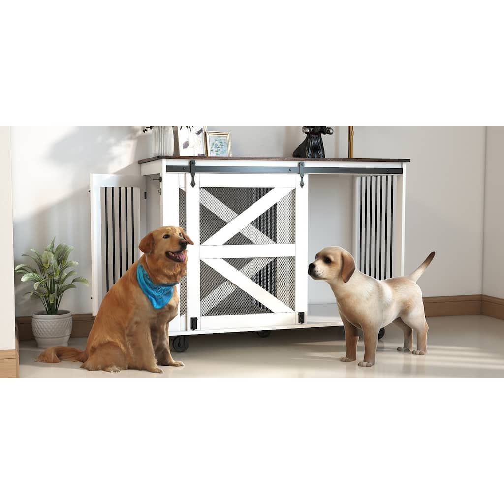 Mobile Dog Crate with Flip-Top Feeding Door, 2-in-1 Convertible Crate with 5 Casters & Side Hooks, Double Dog Crate Furniture