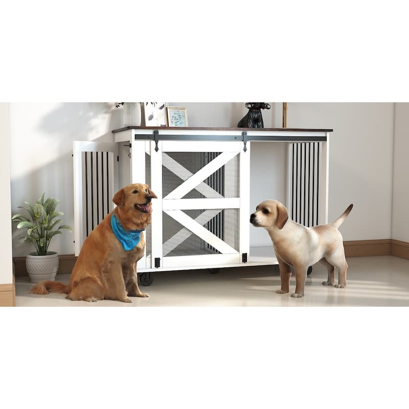 Mobile Dog Crate with Flip-Top Feeding Door, 2-in-1 Convertible Crate with 5 Casters & Side Hooks, Double Dog Crate Furniture - Brown white