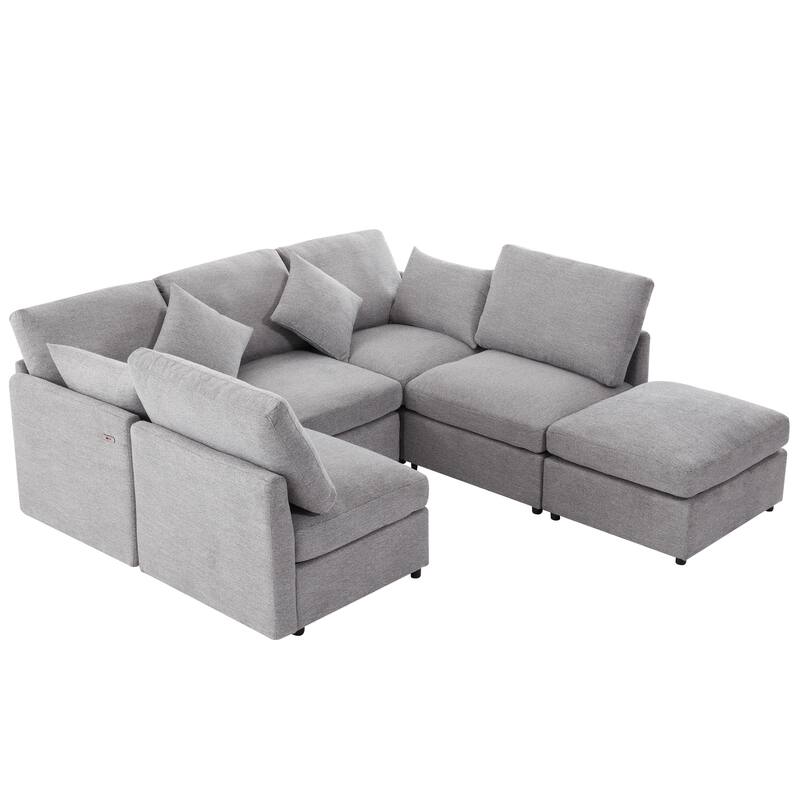 85.4" Chenille Modular Convertible U/L-Shaped Sectional Sofa with Ottoman & USB Ports