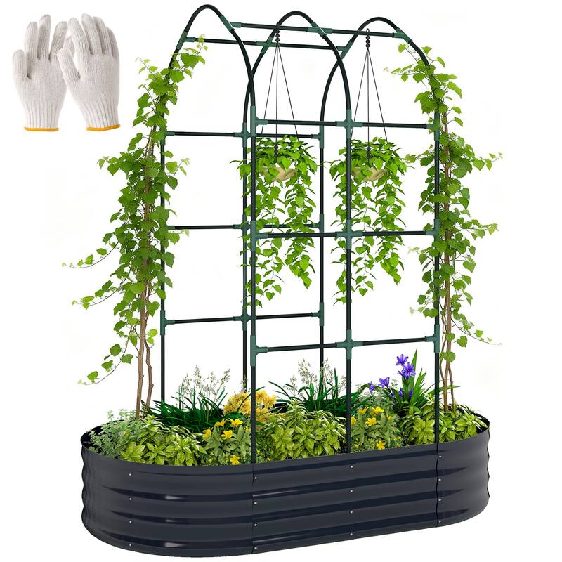 Outsunny Galvanised Raised Garden Bed with Arched Trellis, 5 x 3 x 6ft Metal Outdoor Planter Box ,Dark Gray