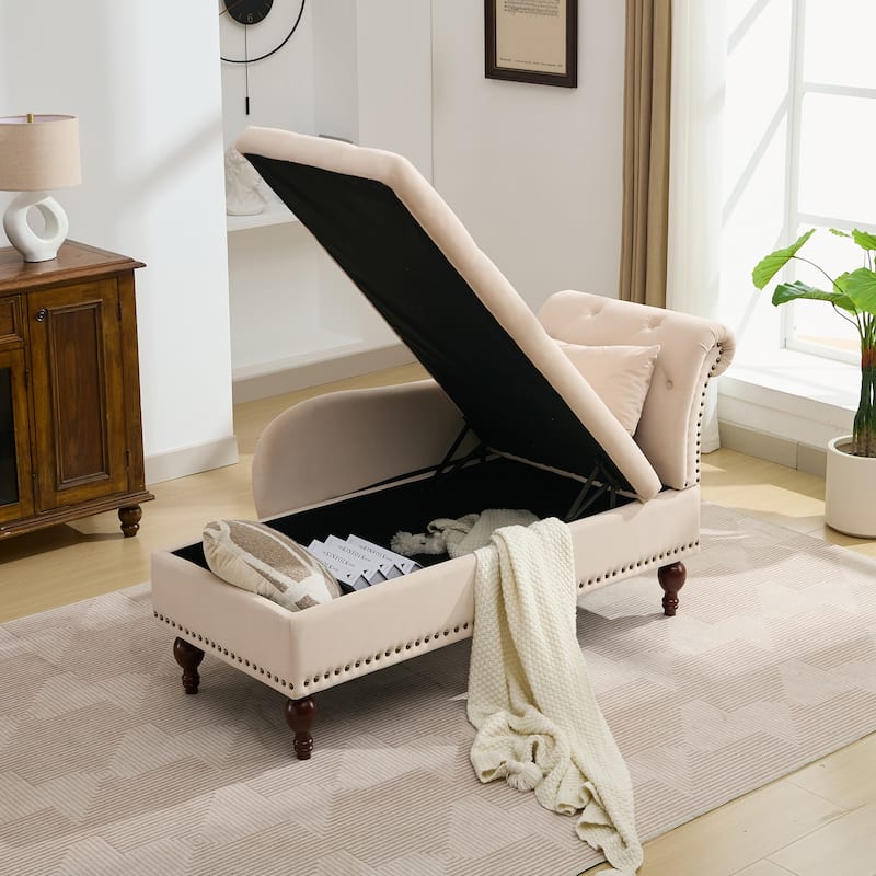 Velvet Chaise Lounge with a Storage Function, Tufted Cushions & Nailheads
