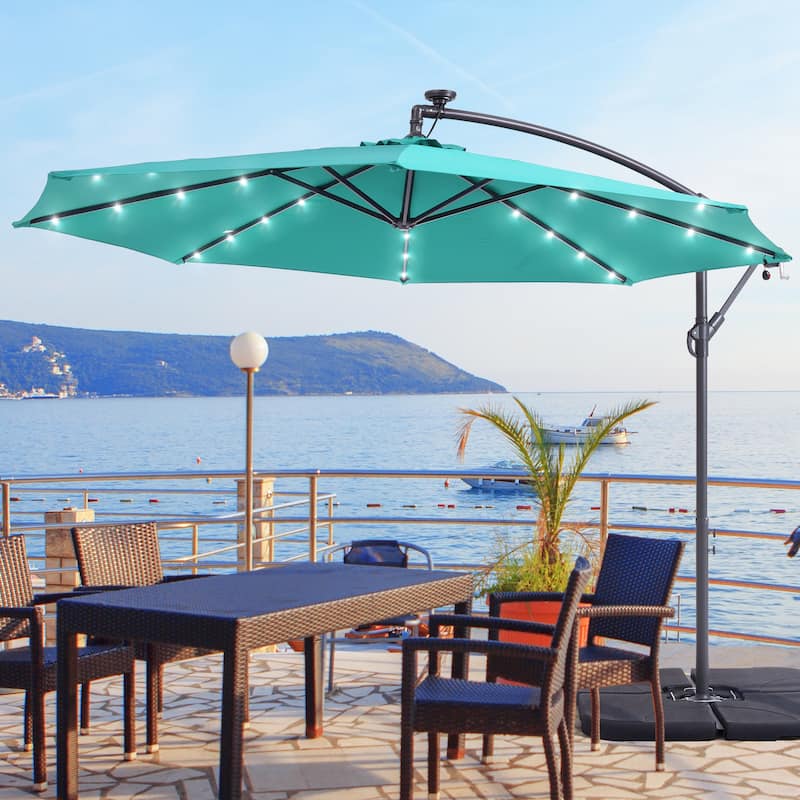10Ft LED Patio Offset Umbrella Hanging Circle Umbrellas,w/Cross Base - Lake Blue