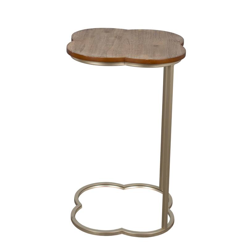 C-Shaped Quatrefoil Metal End Table, Natural Wood (Set of 2)