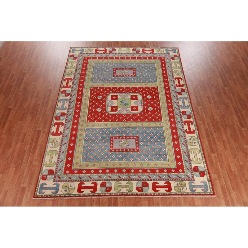 Hand Knotted Oriental 100% Wool Carpet Traditional Geometric Multi-Colored Kazak Area Rug - 11' 7'' X 8' 6''
