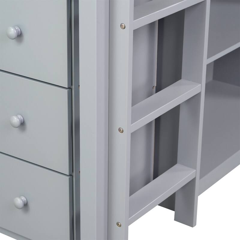 Twin Rubber Wood Loft Bed with Drawer Cabinet, Shelf,Pulling -Out Desk