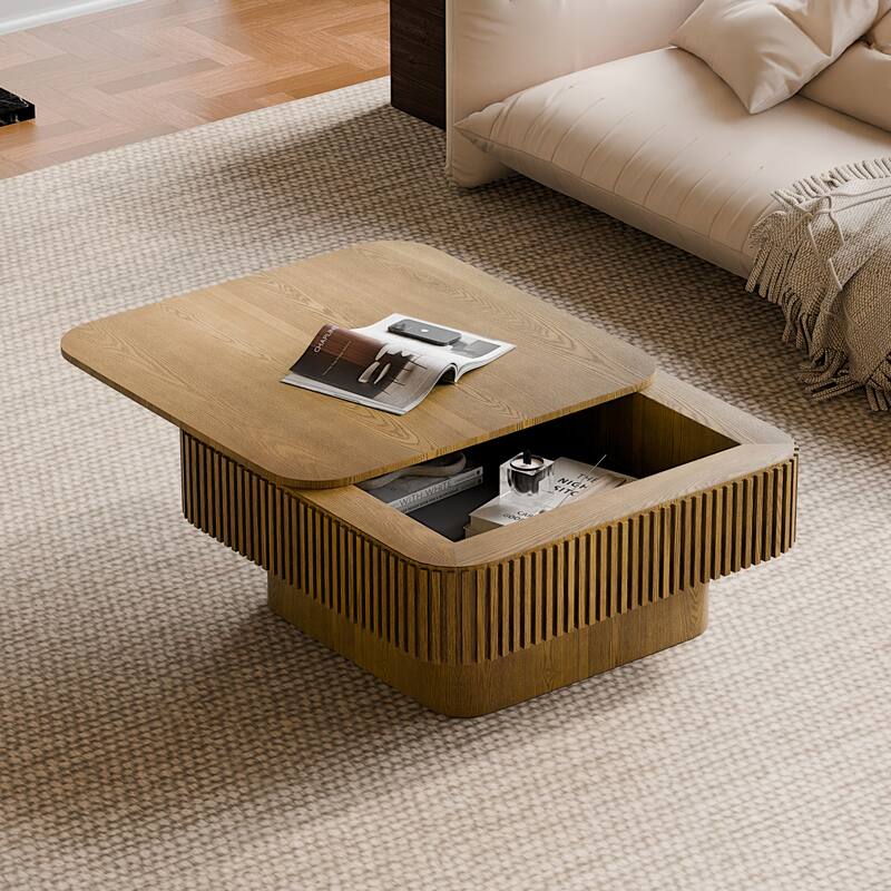 31.5" Square Coffee Table with Storage, Modern Solid Wood Veneer Accent Table - Brown