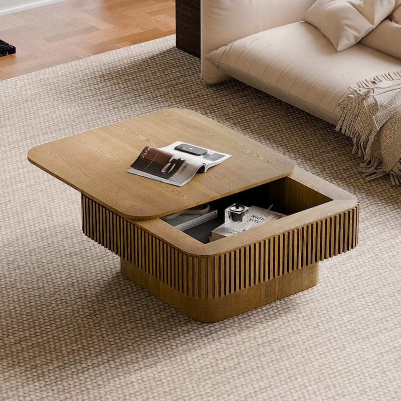GDF Studio - Modern Wooden Veneer Square Coffee Table with Hidden Storage - 31.5" - Brown