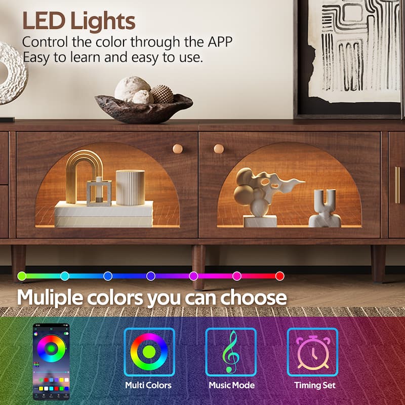 86 inch TV Stand for TVs up to 90", Entertainment Center with App Controlled LED Lights, 2 Drawers & Glass Door Storage