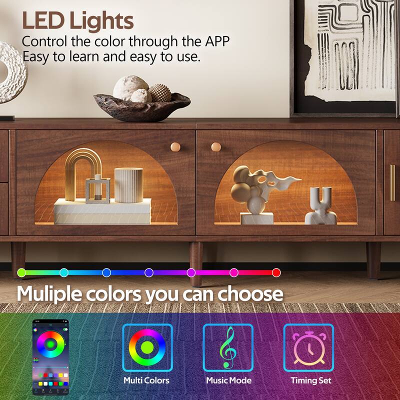 Entertainment Center with App Controlled LED Lights, 2 Drawers & Glass Door Storage - Dark Brown