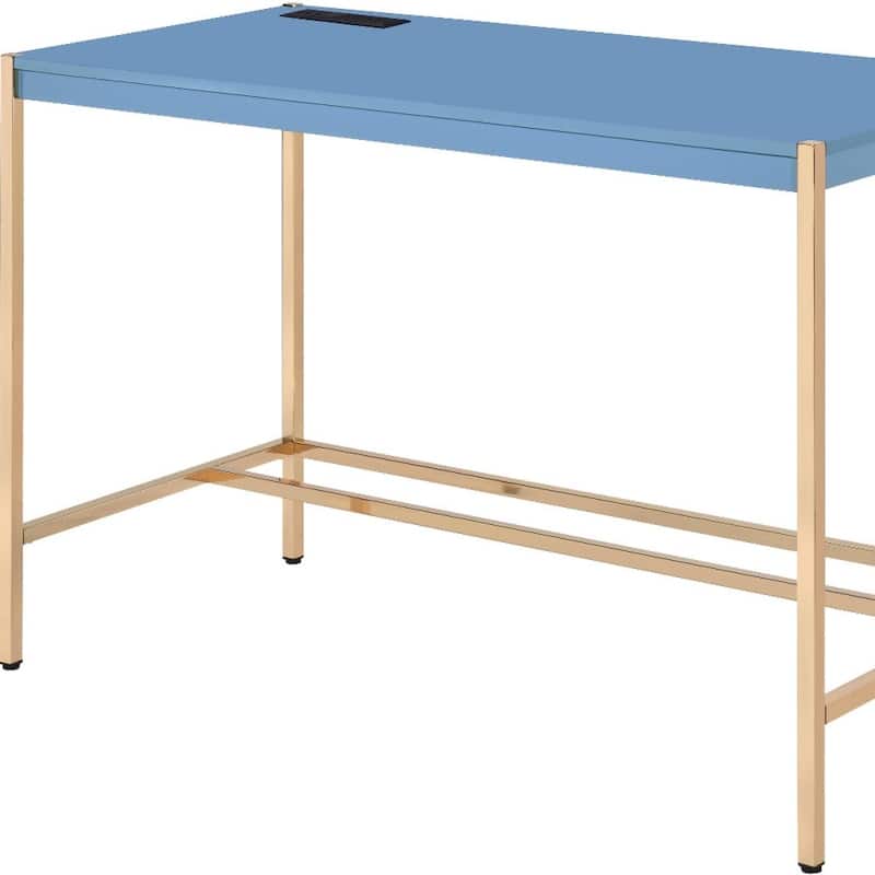Wood Writing Desk with Gold Metal Base and Built In USB Port