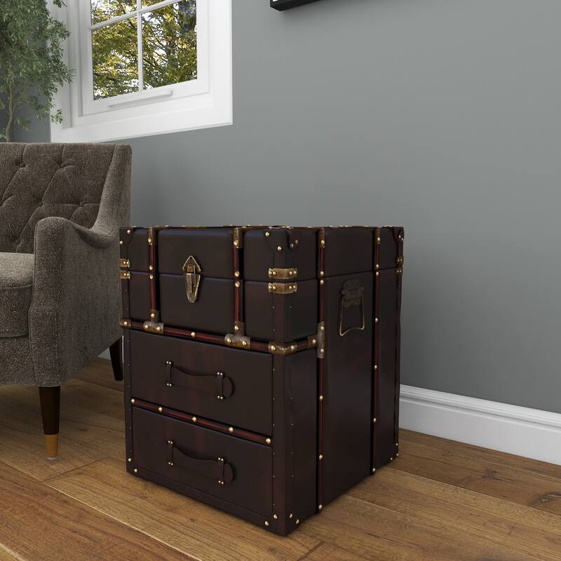 Dark Brown Faux Leather Vintage Faux Leather 2 Drawer Cabinet with Buckle Hinged Top