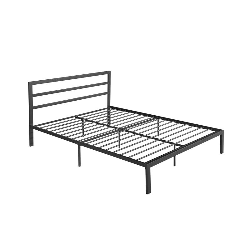 Queen Size Metal Platform Bed with Wood Headboard and Storage Space