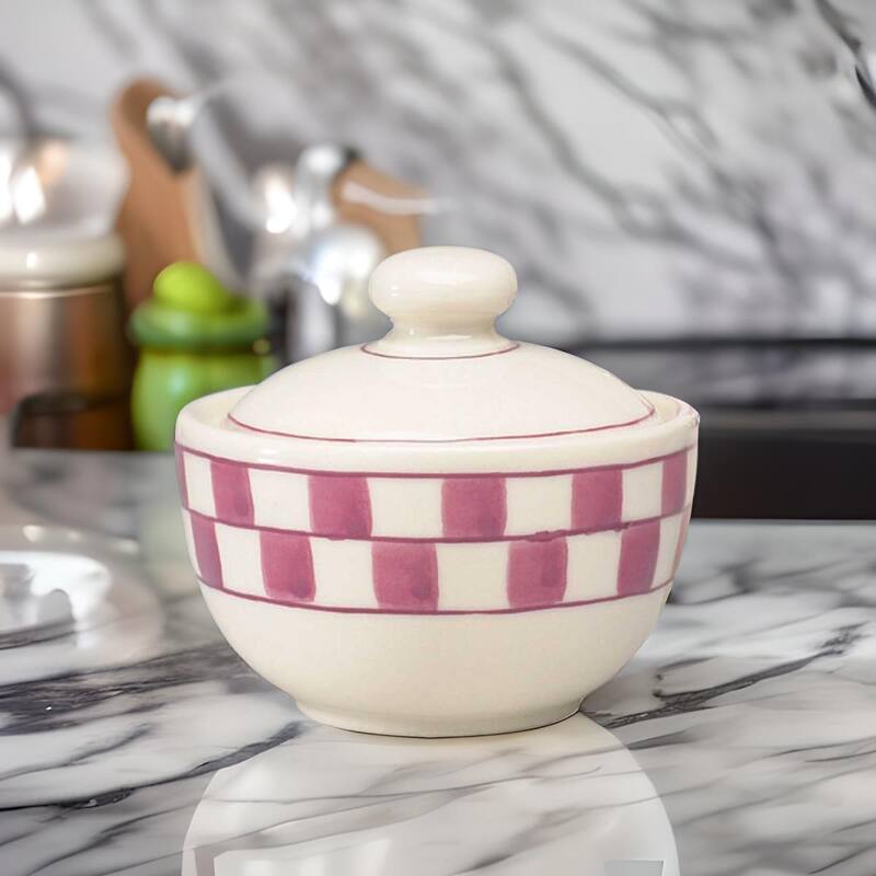 Sugar Bowl Red/White Checkmate Stoneware Handpainted